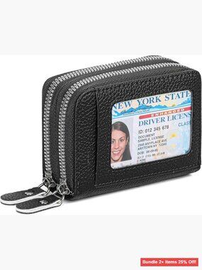 Leather RFID Blocking Wallet with ID Window Double Zipper Compact Women's Card